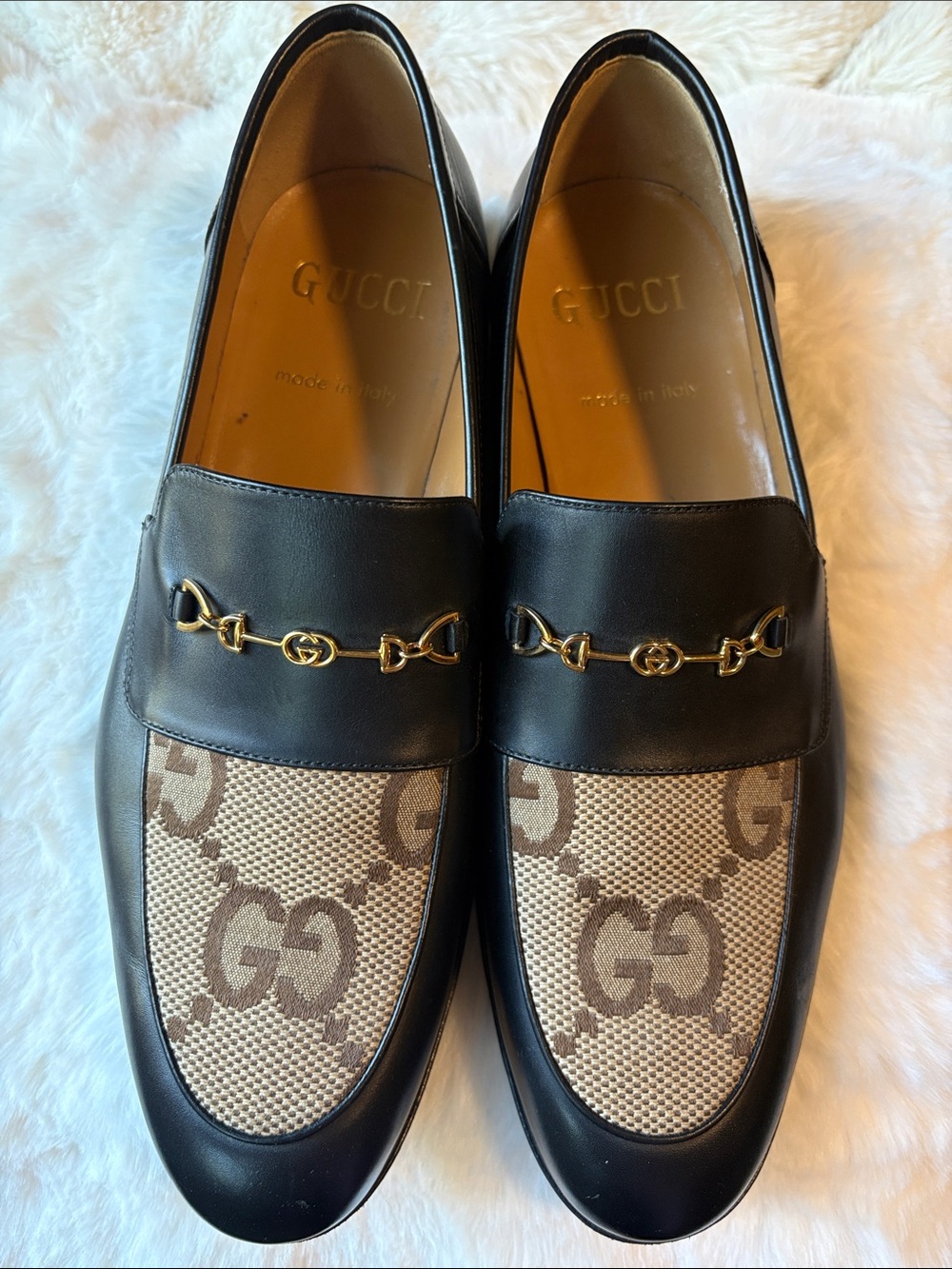 Gucci Black Leather and Beige GG Canvas Horsebit Slip-Ons